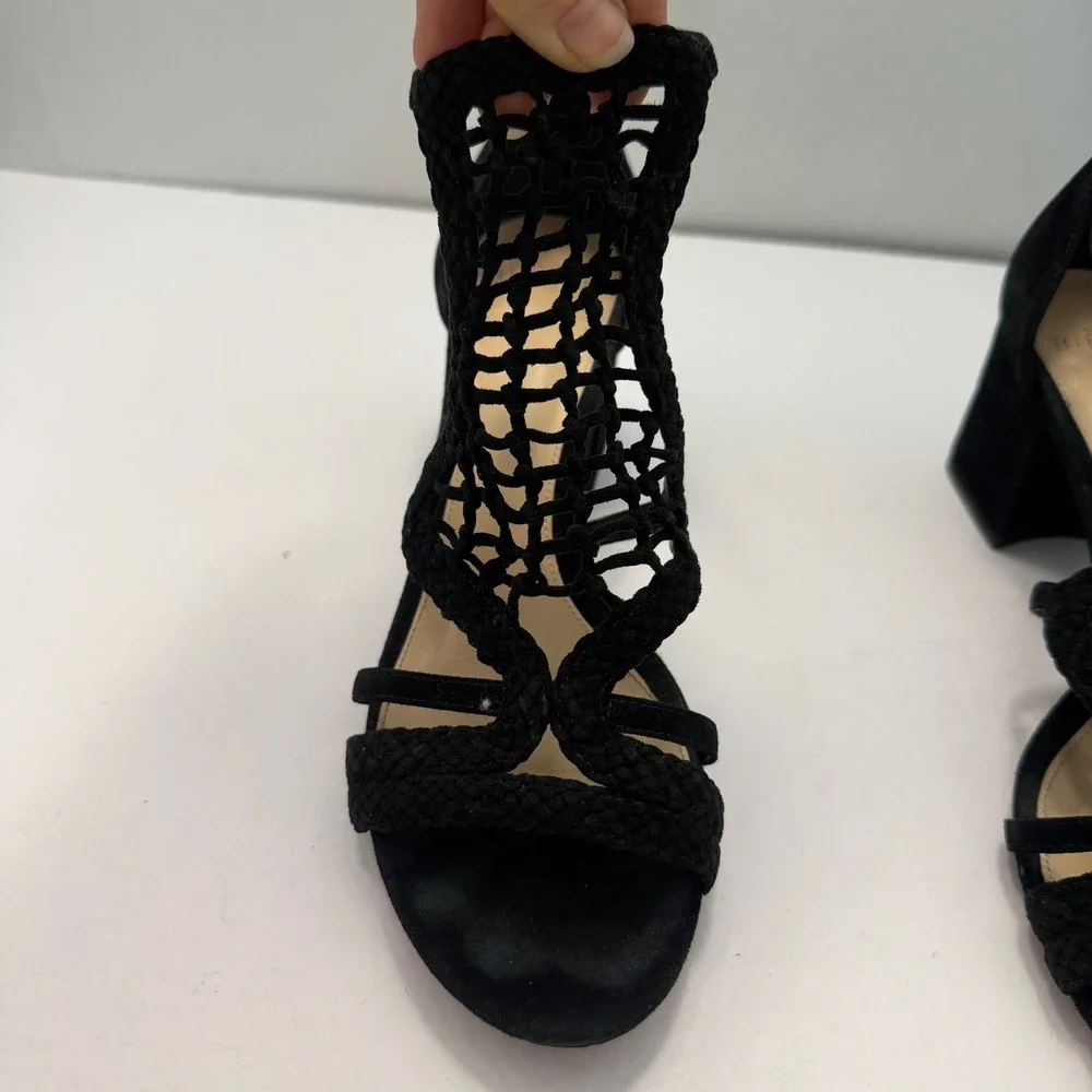 Alexandre Birman‎ Black Suede Leather Braided Strappy Heel Sandals Size 38.5